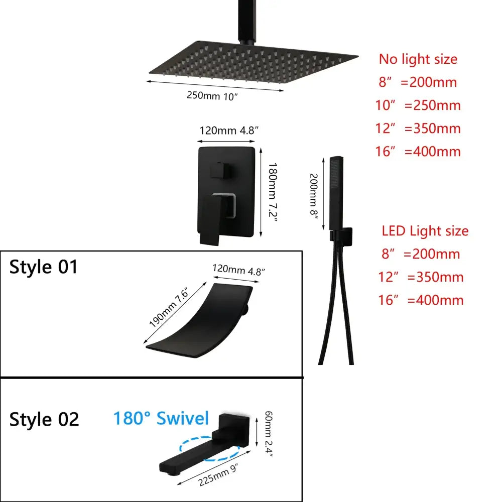 Decorbites 8 16 inch matte black led rainfall shower faucet set with matte black square rainhead and handheld spray wand