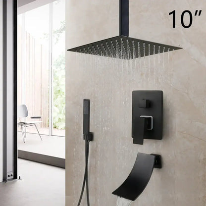 Black matte 10 inch square rain shower head with integrated handheld sprayer and wall-mounted control valve for DecorBites™ matte black led shower set