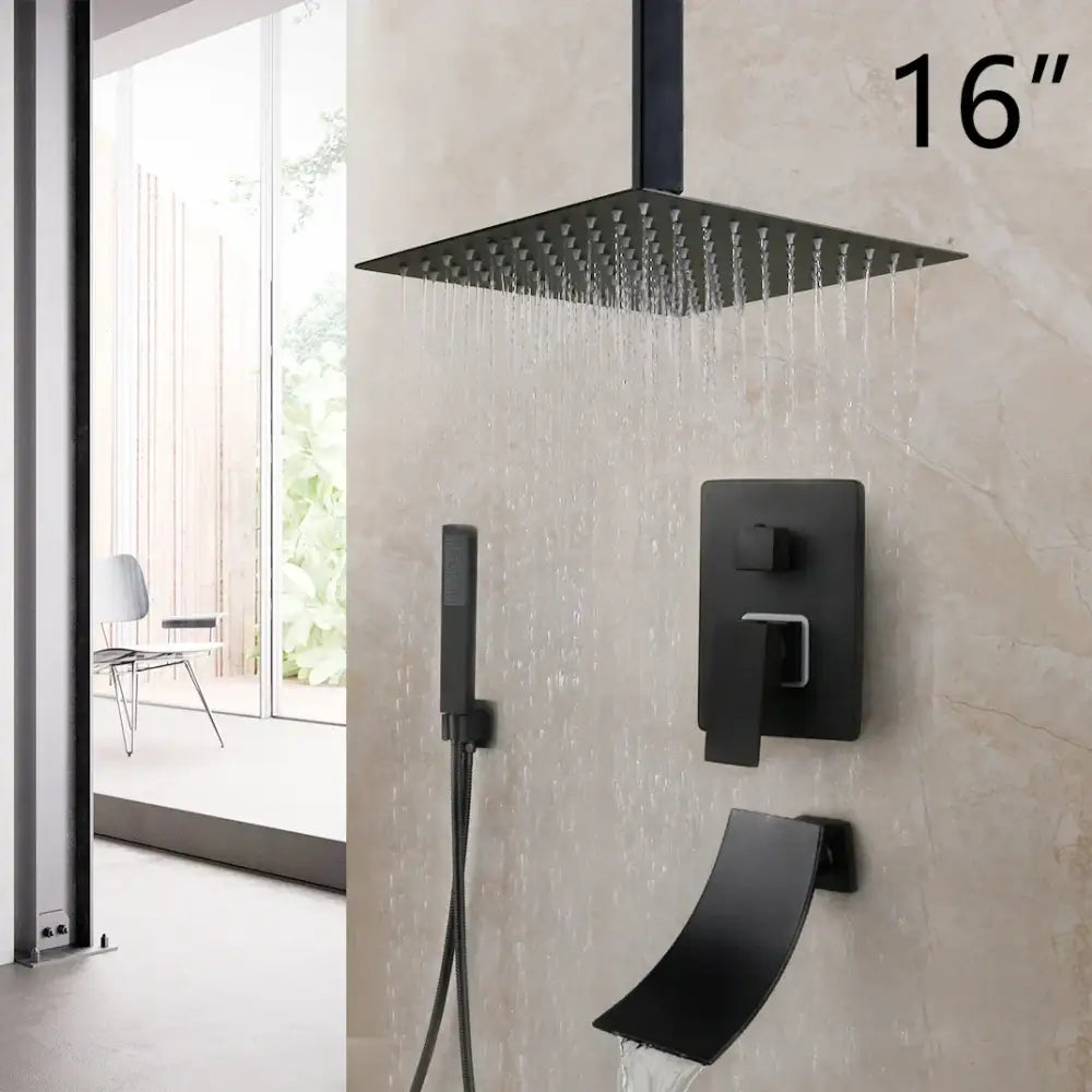 Decorbites™ 8 16 inch matte black led rainfall shower faucet set with square rainfall showerhead and handheld sprayer