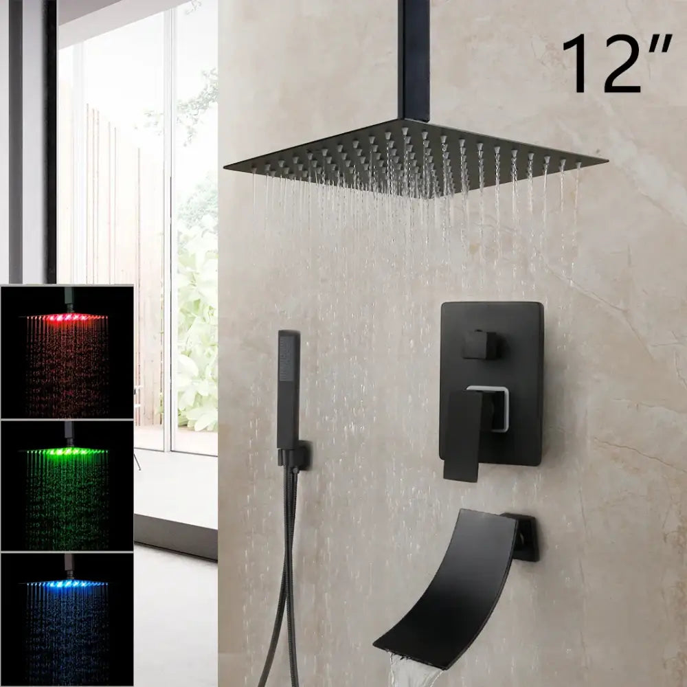 Decorbites™ 8-inch matte black led rainfall showerhead with square design and integrated lighting for modern bathrooms