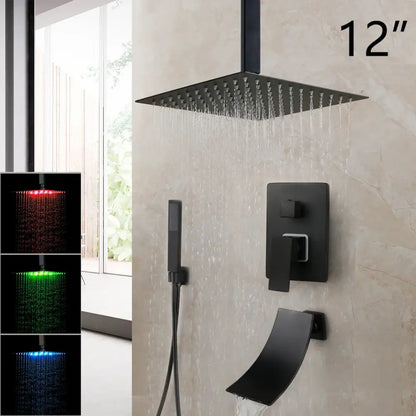 Decorbites™ 8-inch matte black led rainfall showerhead with square design and integrated lighting for modern bathrooms