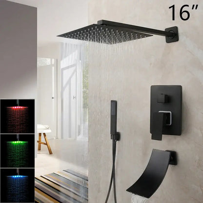 Decorbites 16 inch matte black led rainfall showerhead with square design and integrated led lighting for modern bathrooms