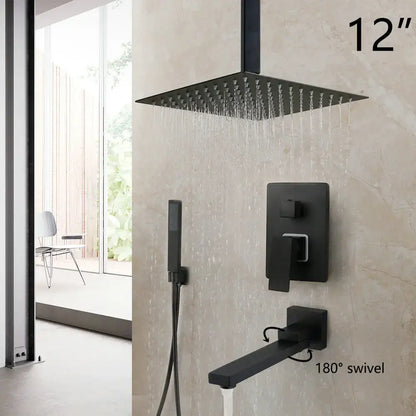 Black matte-finish 12-inch square rainfall showerhead with integrated handheld and swivel faucet in matte black led design