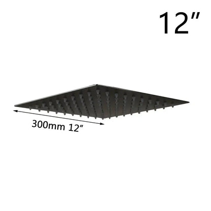 DecorBites™ 12-inch black matte rain shower head with ultra-thin square design and evenly spaced nozzles for bathroom use