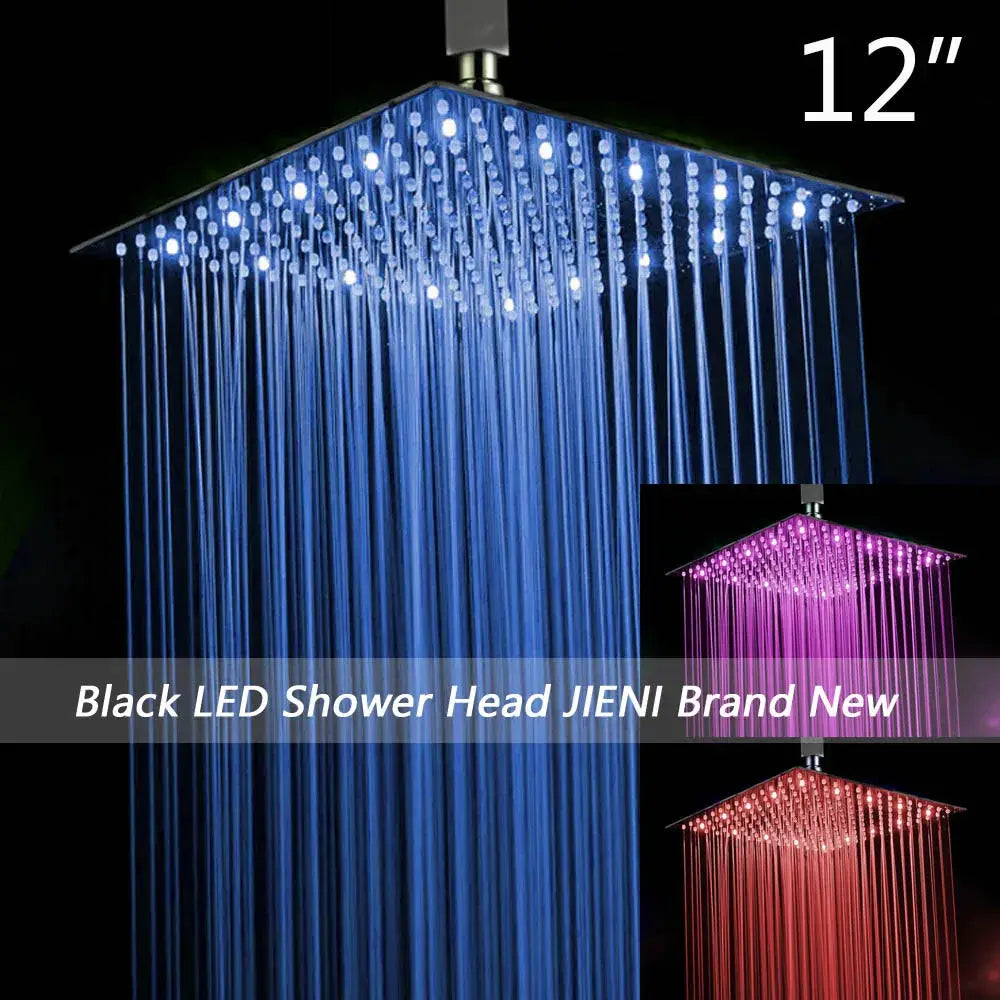 Decorbites™ black ultra-thin square rain shower head with blue led lights and multiple water streams for bathroom use
