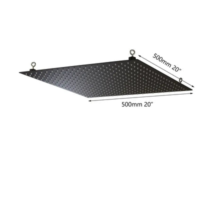 Black triangular led grow light panel with metal hanging rings shown alongside DecorBites shower head for rain shower use
