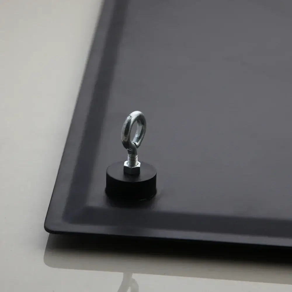 Black magnetic mounting plate with silver eye bolt and hex nut for decorbites ultra-thin rain shower head back side