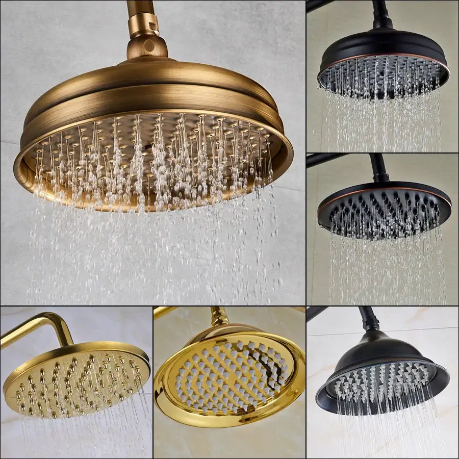 DecorBites™ 8 inch antique brass rainfall shower faucet head with brass and black matte finish and multiple spray settings