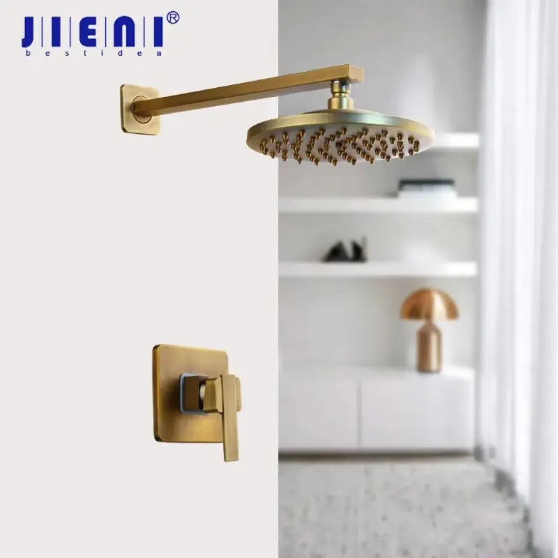 Decorbites™ 8 inch antique brass round shower faucet set with gold-finished jienai shower head and wall valve
