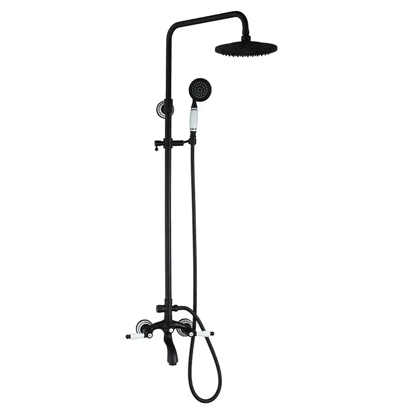 DecorBites 8 black rain shower head set with matte finish, rectangular rain shower, white ceramic handles, and hand spray