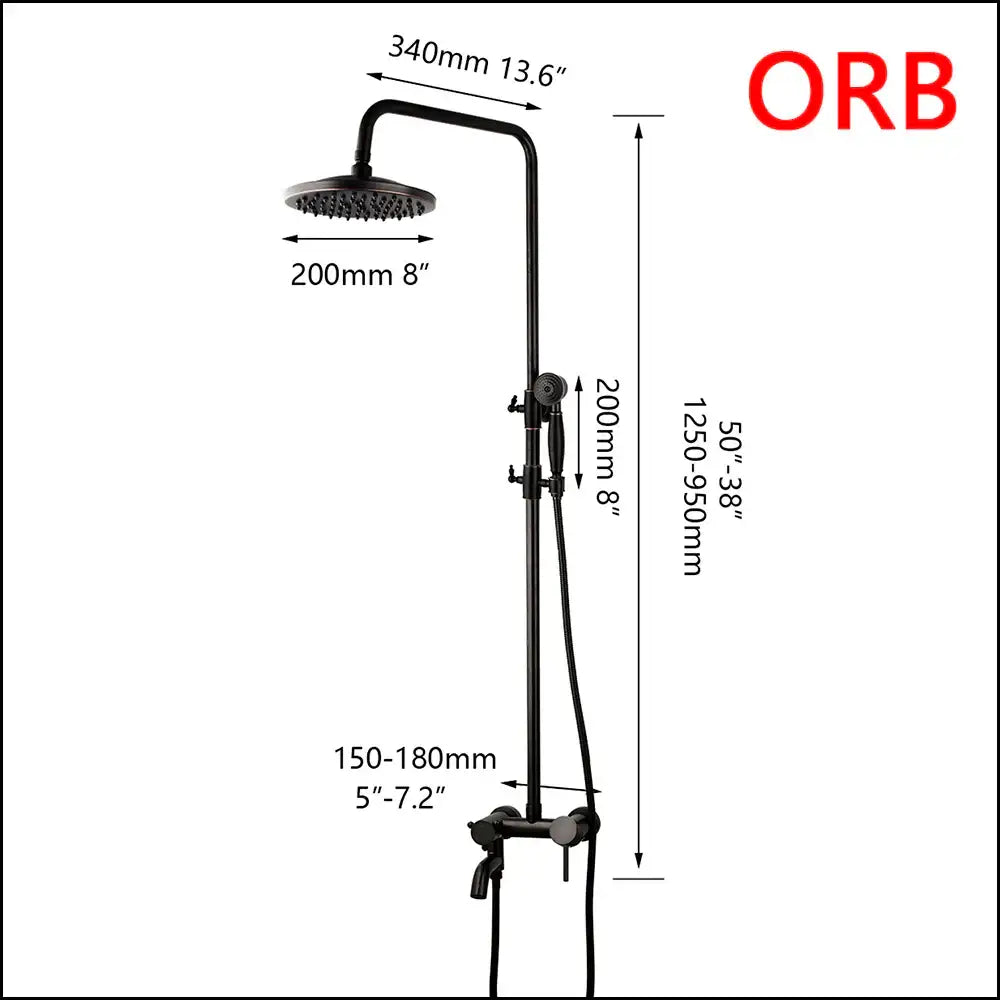 Decorbites™ 8 inch black matte rain shower head set with handheld spray nozzle and red orb brand logo