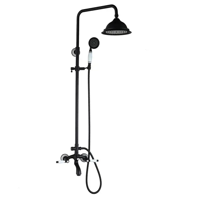 Decorbites™ 8 inch black matte rain shower head set with handheld sprayer and white ceramic handles for rain shower use