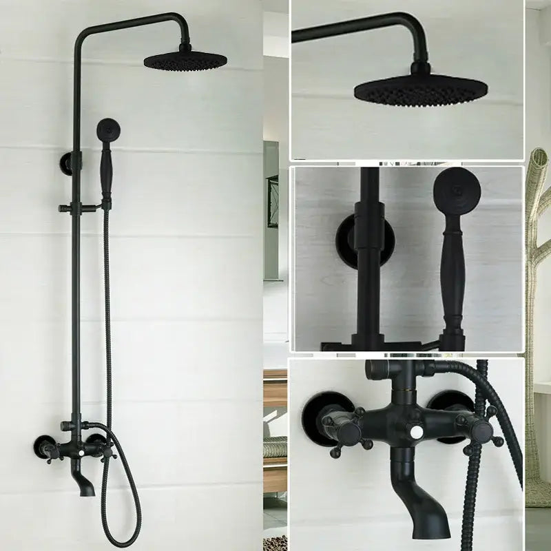 DecorBites™ 8 inch black matte rain shower head set with handheld nozzle and mixer faucet for modern bathrooms