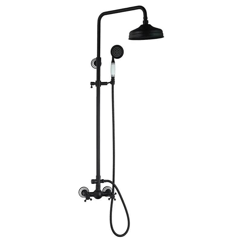 Decorbites™ 8 inch black matte rain shower head set with handheld spray and white ceramic knob mixer faucet