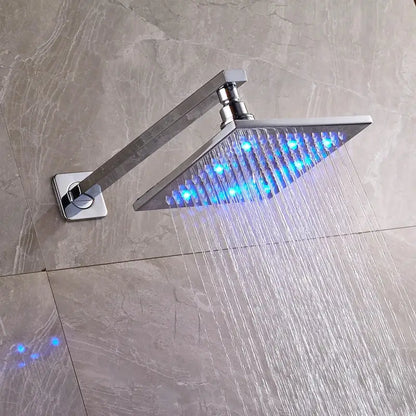 Chrome-finished brass square led shower head with integrated blue led lights for modern square led rainfall shower systems