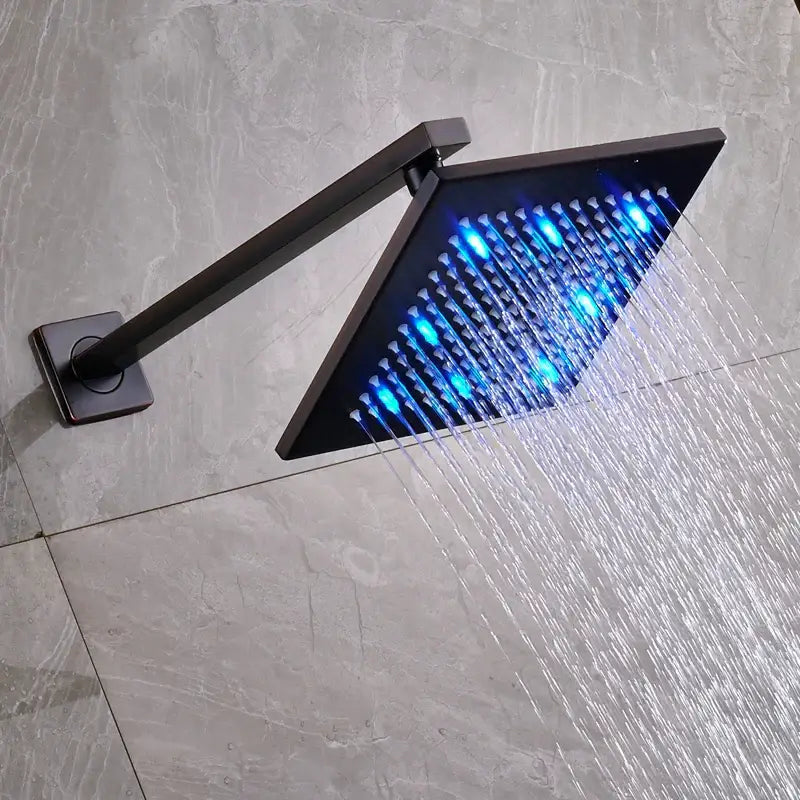 DecorBites™ 8 inch brass square led shower head with blue led lights in spray nozzles for square led rainfall shower