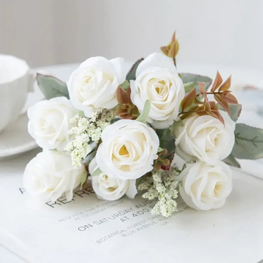 A delicate pink peony silk bouquet with white roses and green foliage for wedding and home decoration from decorbites