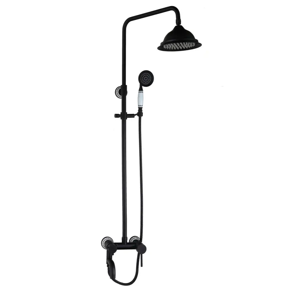 Decorbites™ 8 inch matte black shower faucet set with rainhead and handheld spray featuring chrome accents on handles