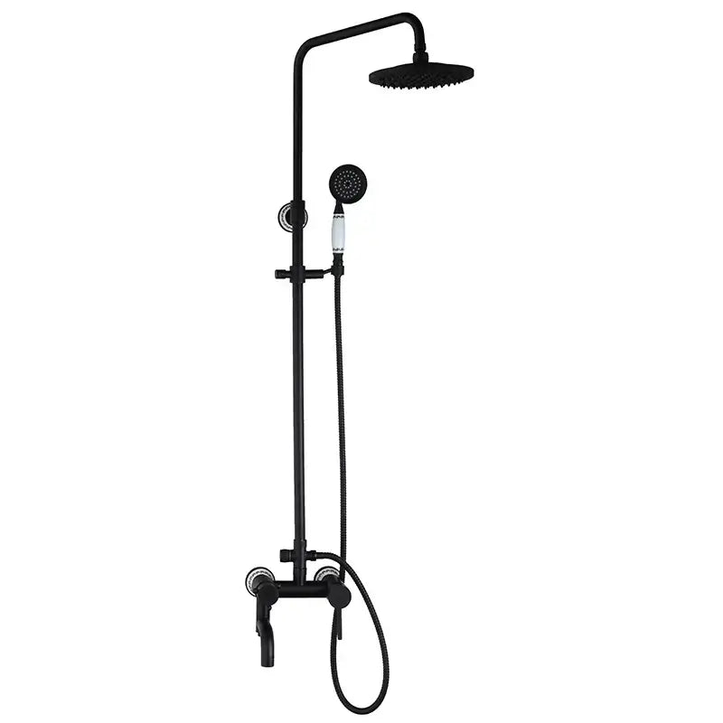 Decorbites™ 8 inch matte black shower faucet set with rectangular rainfall head and handheld spray featuring chrome handles