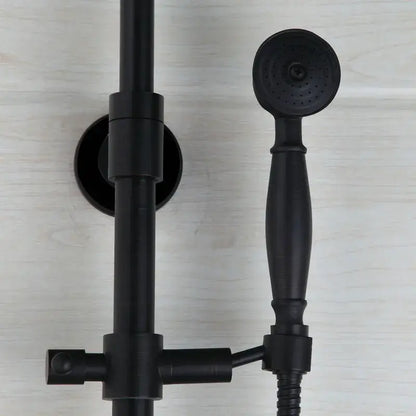 Decorbites™ 8 inch matte black shower faucet set with hand spray featuring a black matte shower head on vertical bar