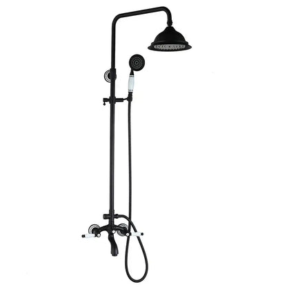 Decorbites™ 8 inch matte black shower faucet set with white ceramic handles includes rainhead and handheld sprayer