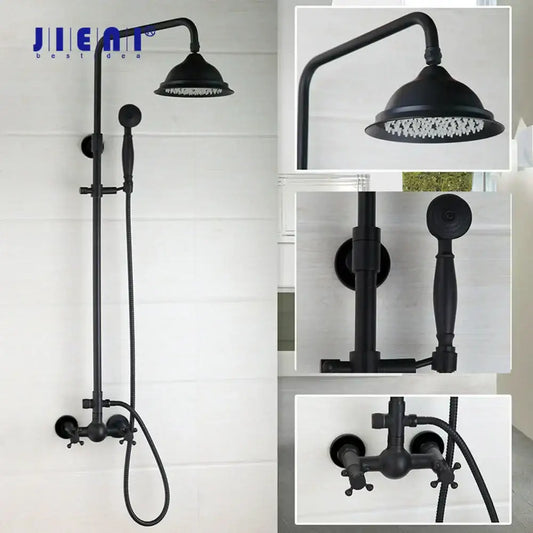 Decorbites™ 8 inch matte black shower faucet set with vintage design features rainfall head and handheld spray nozzle