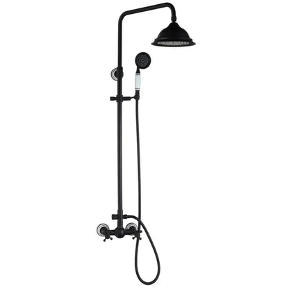 DecorBites™ 8 inch matte black shower faucet set with overhead rainhead and handheld spray featuring white ceramic handles