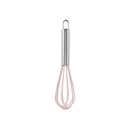 DecorBites™ 8-inch stainless steel silicone whisk mixer in pink with a steel handle for baking and cooking