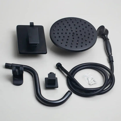 Black matte shower faucet set with 8 inch round rainhead handheld sprayer and flexible hose by DecorBites