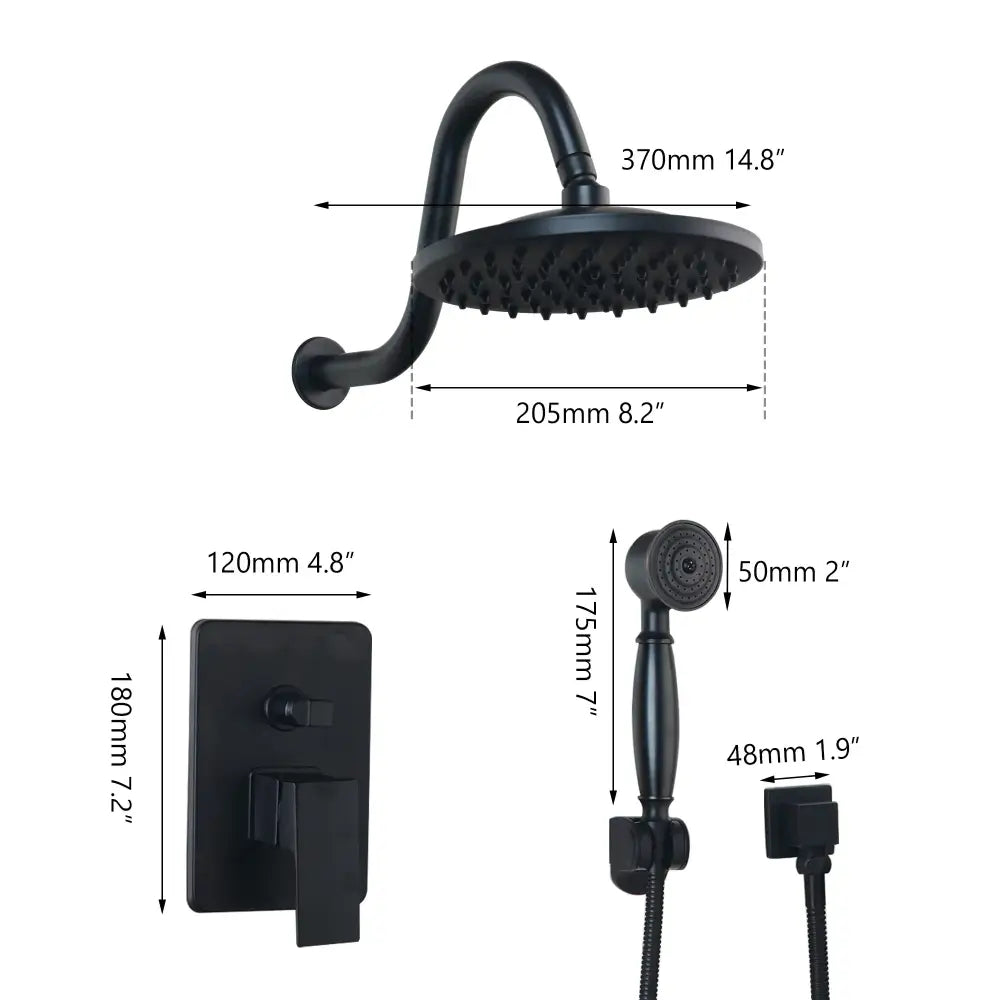 Black matte DecorBites shower faucet set with 370mm round rainhead wall-mounted valve and handheld spray head