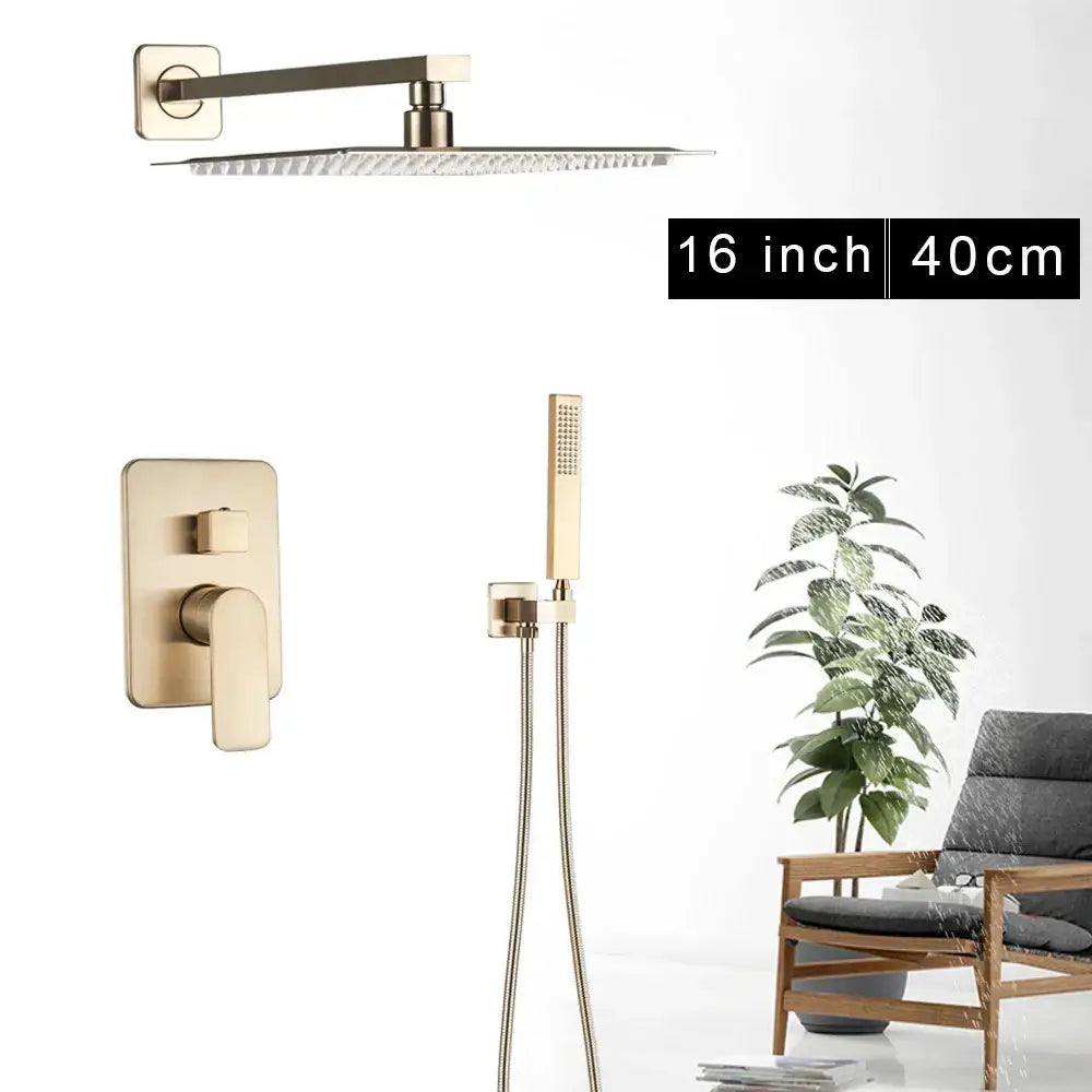 Modern brushed gold 16-inch square shower faucet set with wall-mounted faucet and handheld sprayer by DecorBites