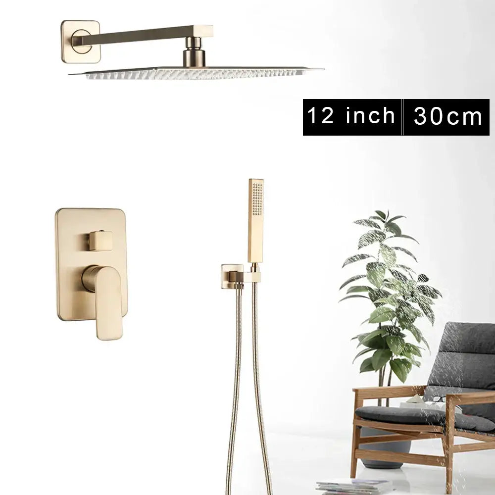 Gold-toned 12-inch square showerhead with multiple jets in decorbites™ 8 inch rainfall shower faucet set