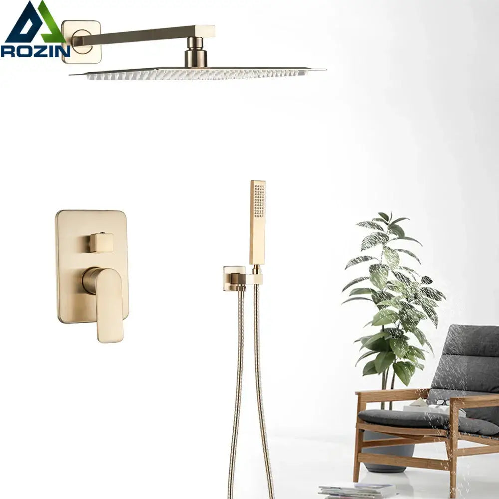 Gold-toned DecorBites™ 8 inch rainfall shower faucet set with rectangular showerhead and matching wall-mounted valve