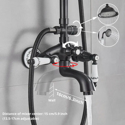 DecorBites™ 8 rain shower system with black matte bathtub faucet hand shower and white ceramic floral handles