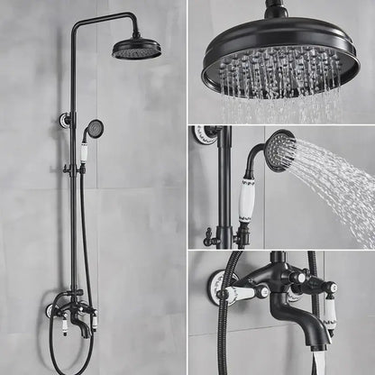 Black matte DecorBites™ 8 inch rainfall shower system with white ceramic handles and hand shower for enhanced shower experience