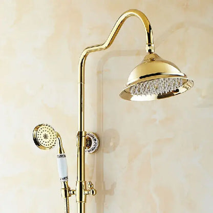 Gold finished DecorBites 8 inch rainfall shower tub faucet set with curved arm and white ceramic handheld sprayer accents