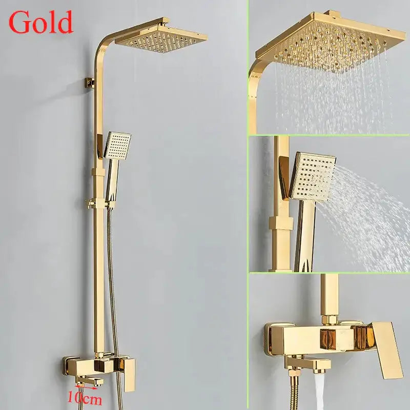 Decorbites™ gold-finished shower faucet set with 8 inch square rainhead handheld spray nozzle and wall mount valve