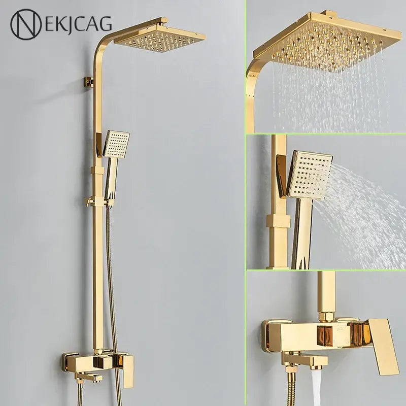 DecorBites™ gold-finished shower faucet set with 8 inch square rainhead handheld spray and wall-mounted control valve