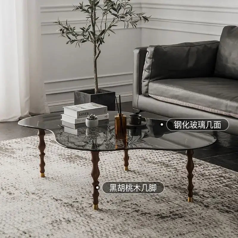 DecorBites™ solid wood coffee table with black tempered glass top and dark walnut legs for living room use