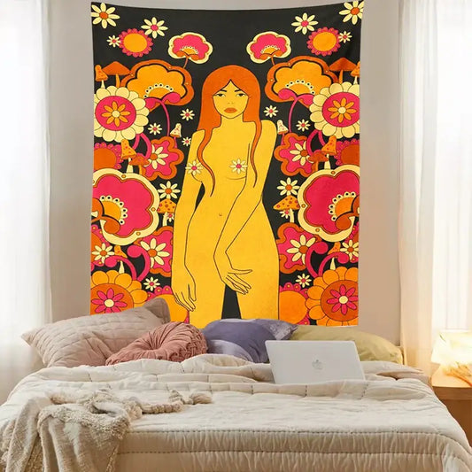 Decorbites™ 80s vintage floral wall tapestry featuring a golden nude figure with pink orange yellow flowers on black background