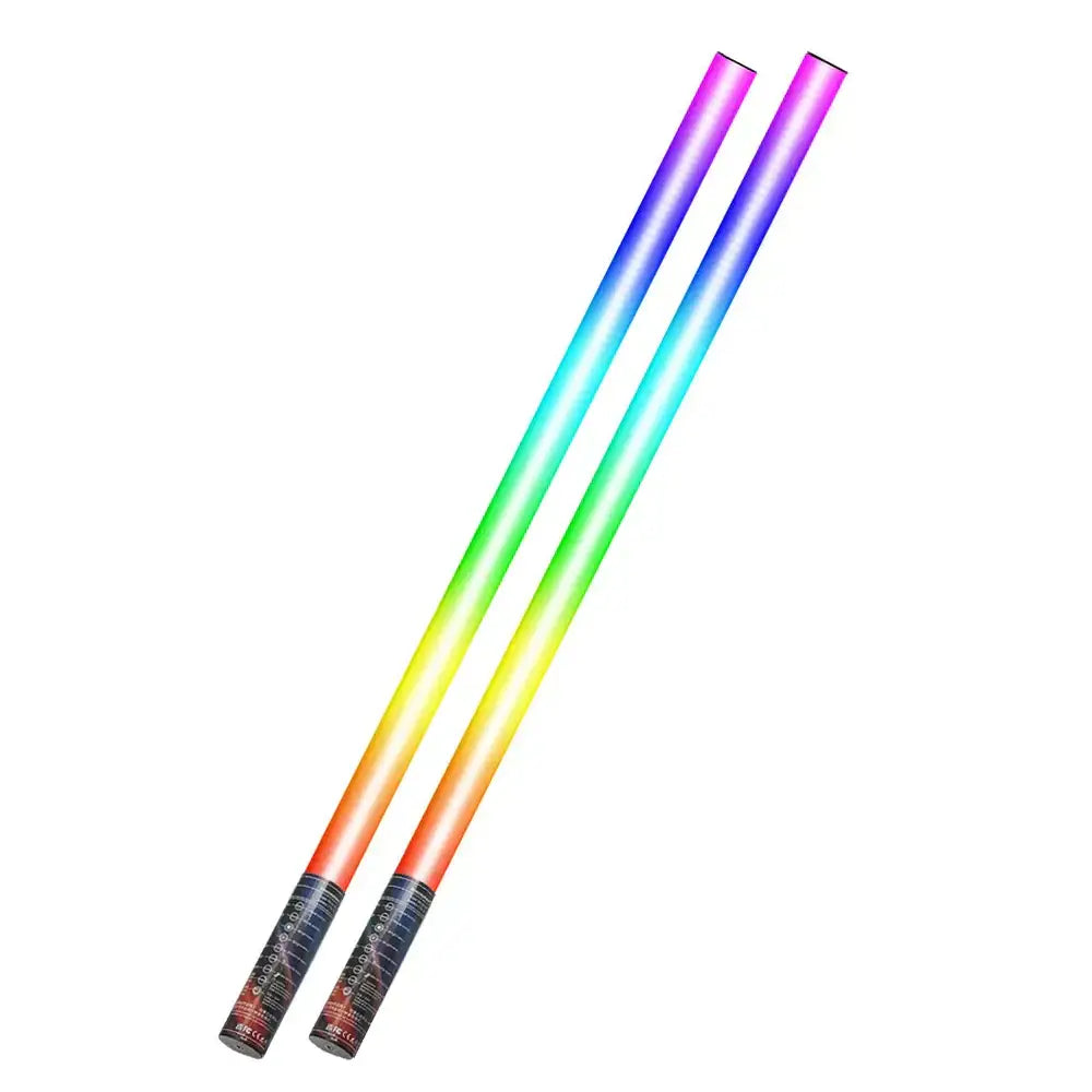 Two rainbow-colored led lighting sticks with black textured handles featuring color-changing mood lighting sticks and music mode