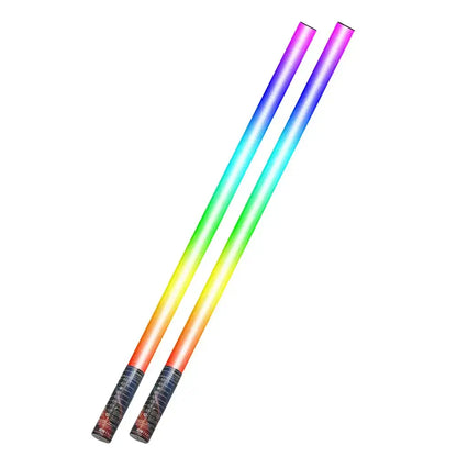 Two rainbow-colored led lighting sticks with black textured handles featuring color-changing mood lighting sticks and music mode