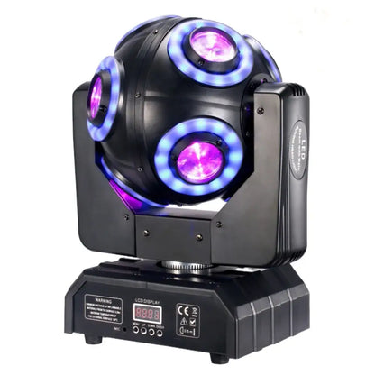 Black 8x15w moving head beam light with three rotating purple LEDs and blue halo for DJ stage and event use