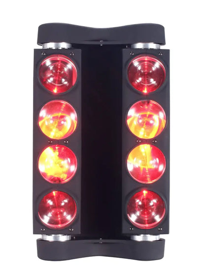Black dual-column led 8x15w rgbw spider moving head light fixture with four red and amber bulbs on each side