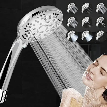 Shiny chrome-finished handheld shower head with circular design and 9 spray patterns for high pressure water saving massage