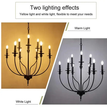 Black wrought iron decorbites™ 9-head retro industrial chandelier with candle-style bulbs offering warm and white lighting