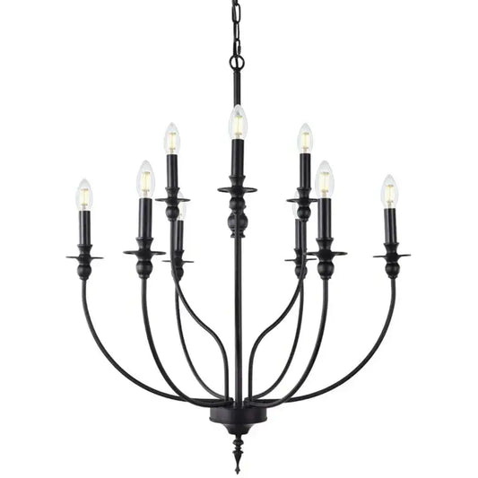 Black wrought iron decorbites nine-head retro industrial chandelier light with candle-style bulbs for elegant interior lighting