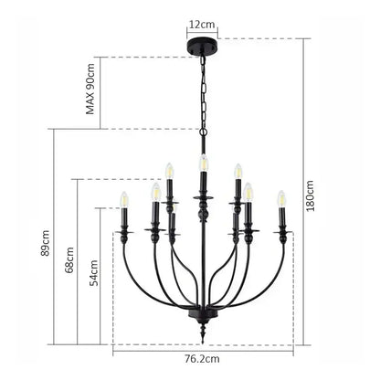 Black wrought iron retro industrial chandelier with nine e14 candle lights for vintage indoor decor