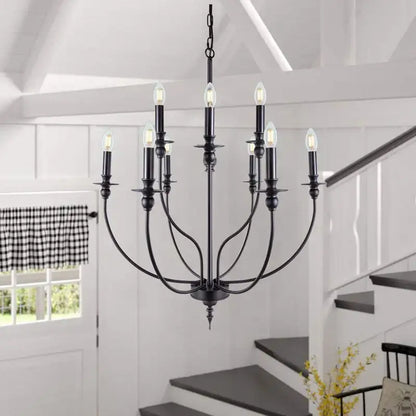 Black wrought iron retro industrial chandelier with nine e14 candle-style bulbs by decorbites