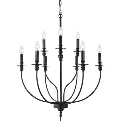 Black wrought iron retro industrial chandelier with nine e14 candle-style bulbs for elegant lighting